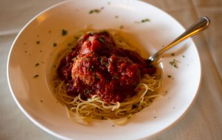 Spaghetti with meatballs in tomato sauce served at Terrazza Greenfield restaurant